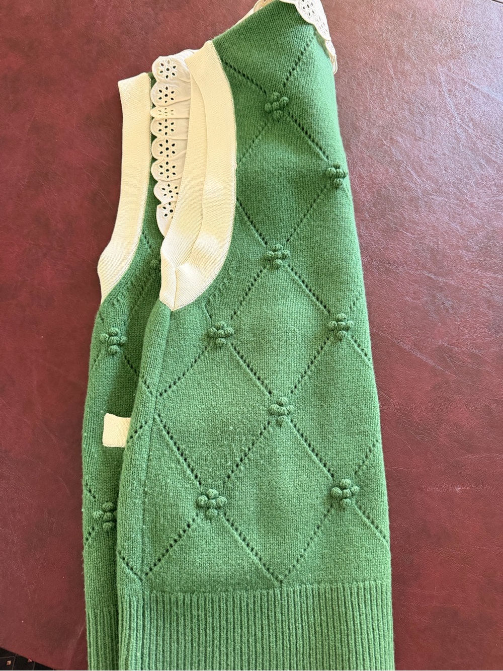Sandro Green Knit Sleeveless Cardigan Vest with Cream Trim and Eyelet Collar - Picture 2 of 3